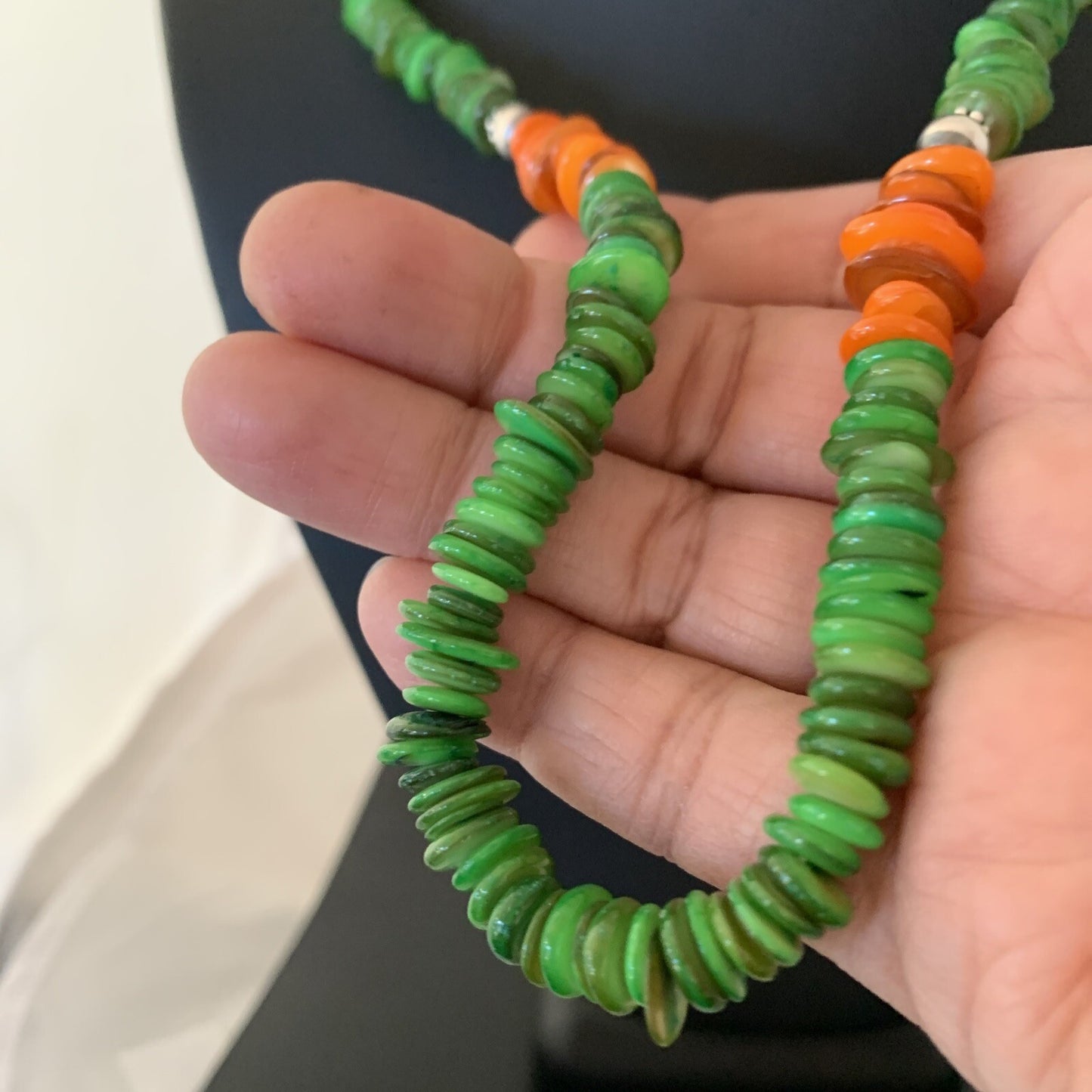 Orange Green Mother of Pearls Navajo Sterling Silver Beads Necklace 01054