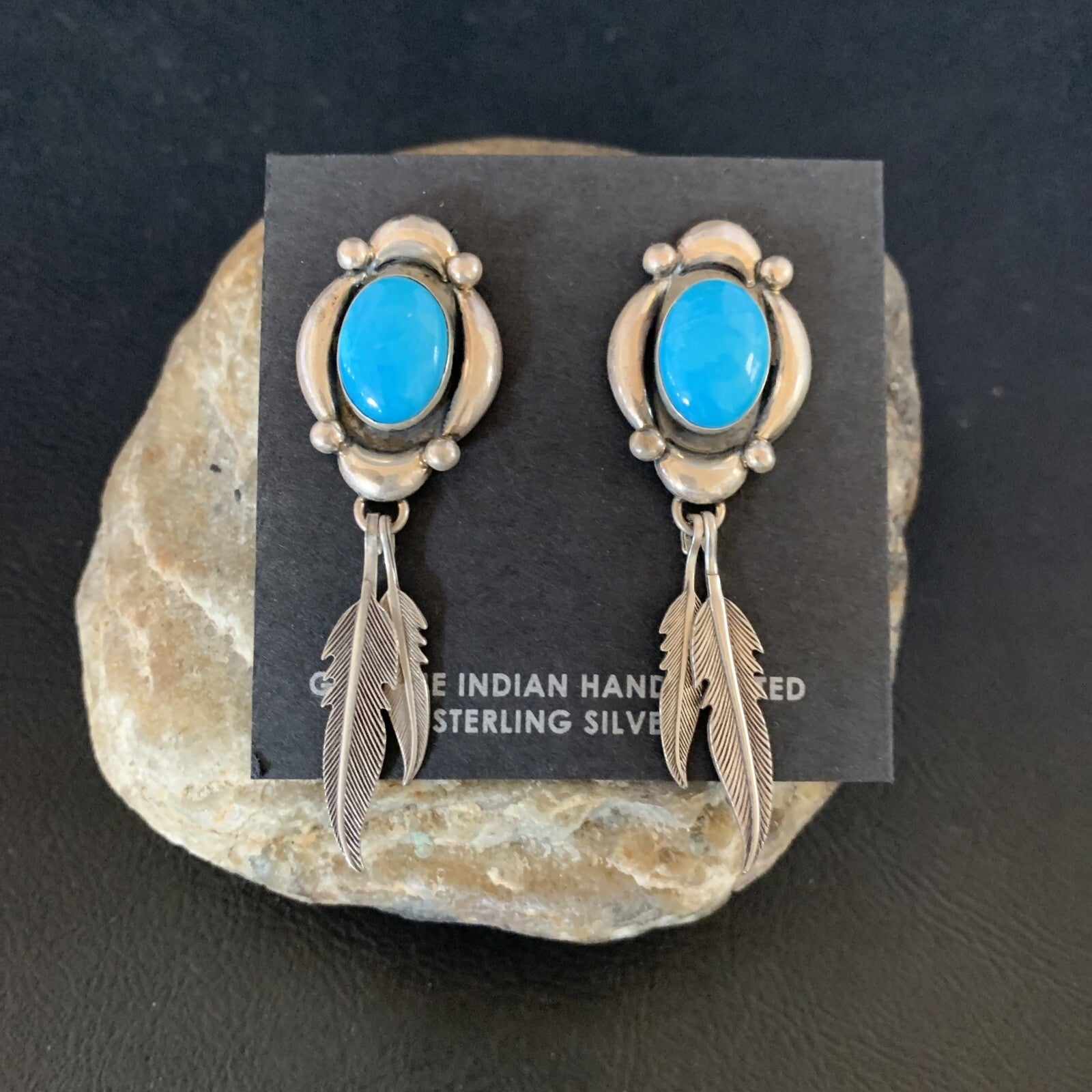 Native Womens Nugget Sterling Silver Blue Turquoise Dangle Earrings 2.5" 13018