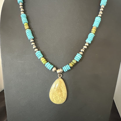 Green Gaspeite Pendant Blue Turquoise Navajo Sterling Silver Necklace 20" 19673