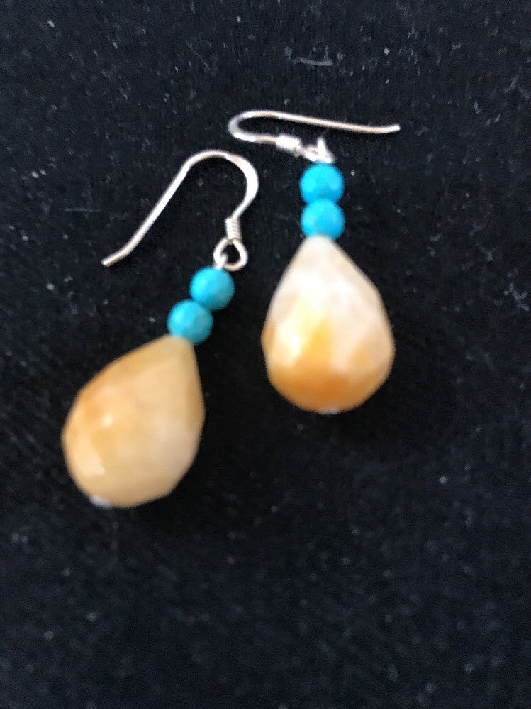Native Turquoise & Jade Bead Navajo Dangle Earrings Sterling Silver 03817