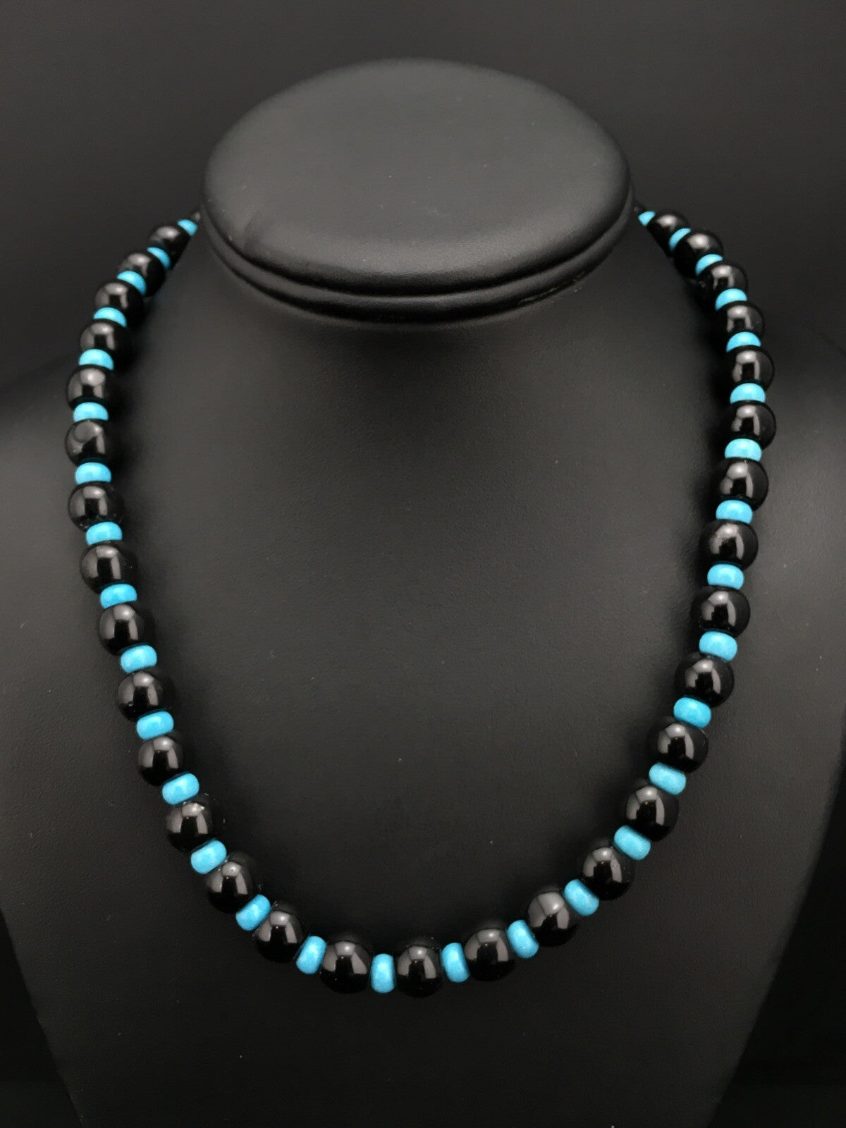 Native Black Onyx Blue Turquoise Bead Navajo Sterling Silver Necklace 15229