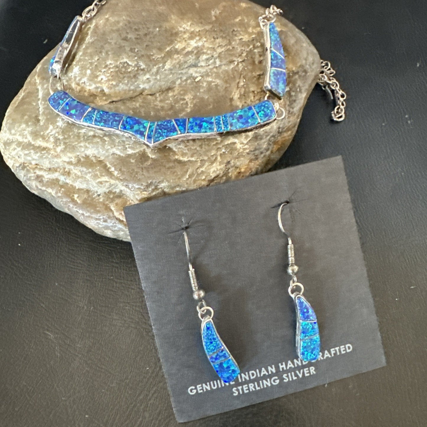 Old Pawn Blue Opal Necklace Inlay Navajo Sterling Silver 16" Earrings 19125