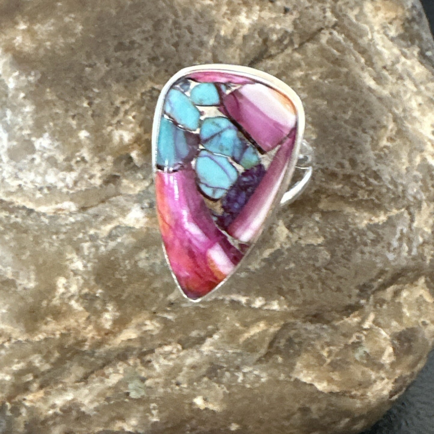 Blue Turquoise Spiny Oyster Navajo Sterling Silver Ring Size 7 18254