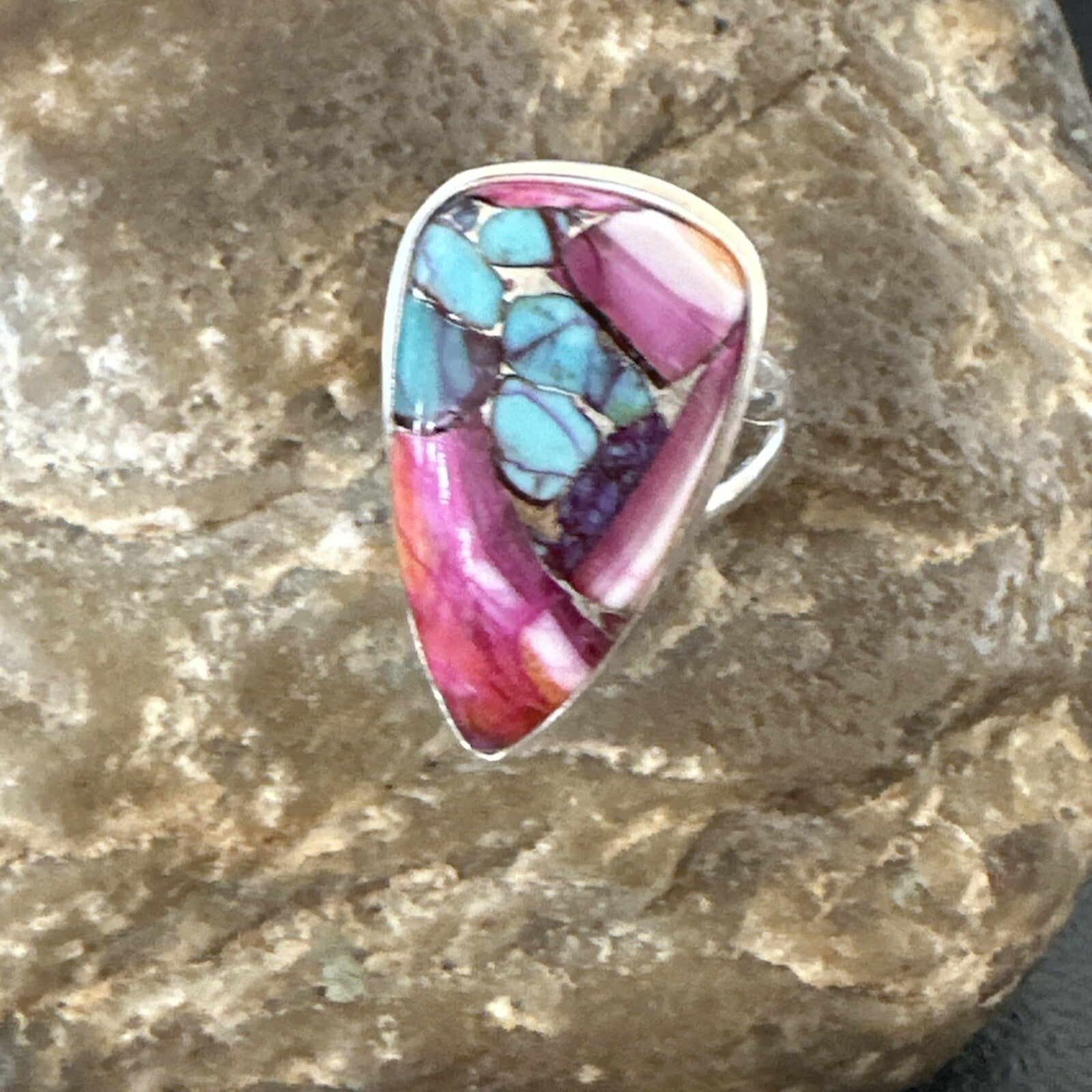 Blue Turquoise Spiny Oyster Navajo Sterling Silver Ring Size 7 18254