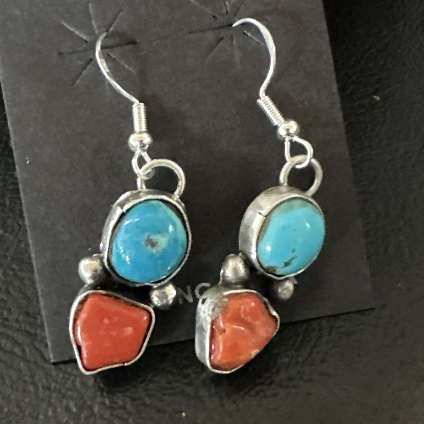 Blue Turquoise Red Coral Sterling Silver Navajo Dangle Earrings 18843