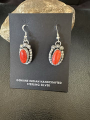 Handmade Red Coral Navajo Dangle Earrings Yazzie | Sterling Silver | Authentic Native American Handmade | 19534
