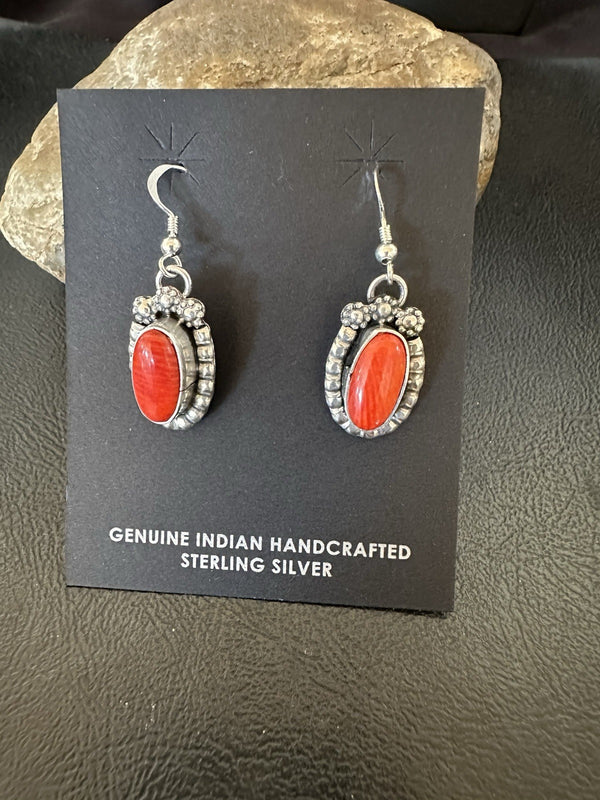 Handmade Red Coral Navajo Dangle Earrings Yazzie | Sterling Silver | Authentic Native American Handmade | 19534