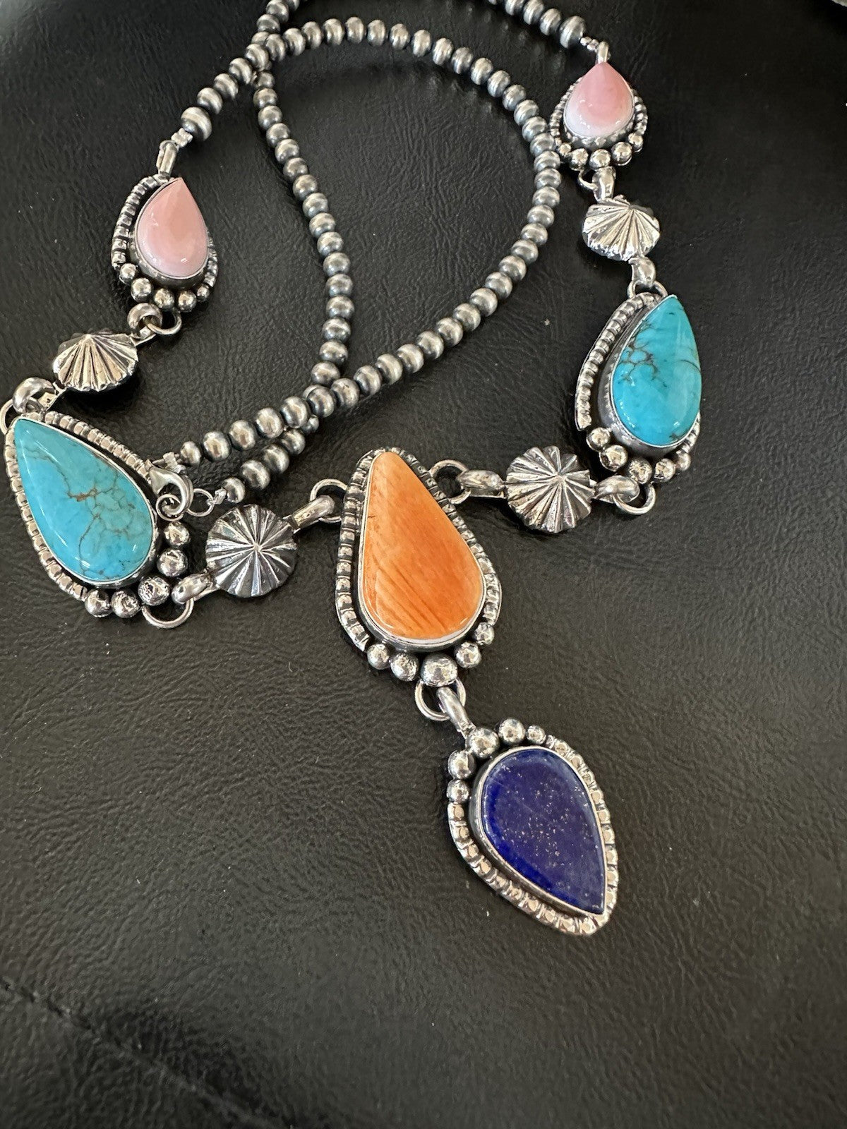 Multicolor Spiny Lapis Pendant Navajo Sterling Silver Lariat Necklace 28" 19439