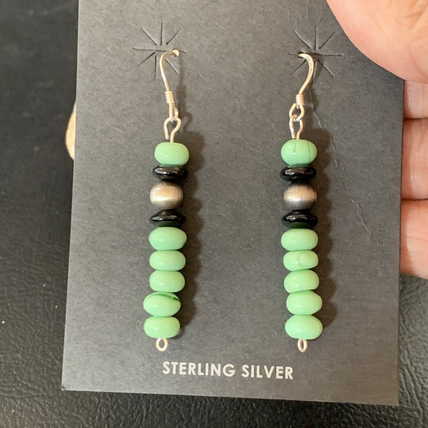 Green Malachite & Black Onyx Navajo Sterling Silver Beads Earrings 04486