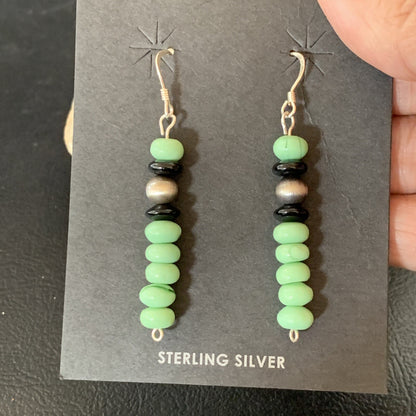 Green Malachite & Black Onyx Navajo Sterling Silver Beads Earrings 04486
