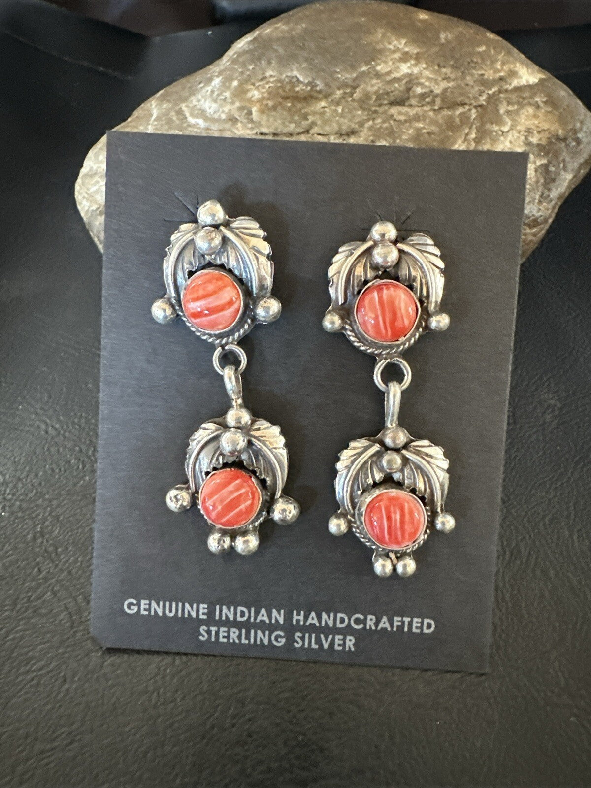 Red Spiny Oyster Pearl Navajo Sterling Silver Dangle Earrings 2062