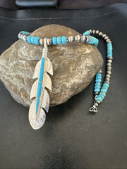 Men's Feather Turquoise Pendant Navajo Necklace | Sterling Silver | Authentic Native American Handmade | 18668