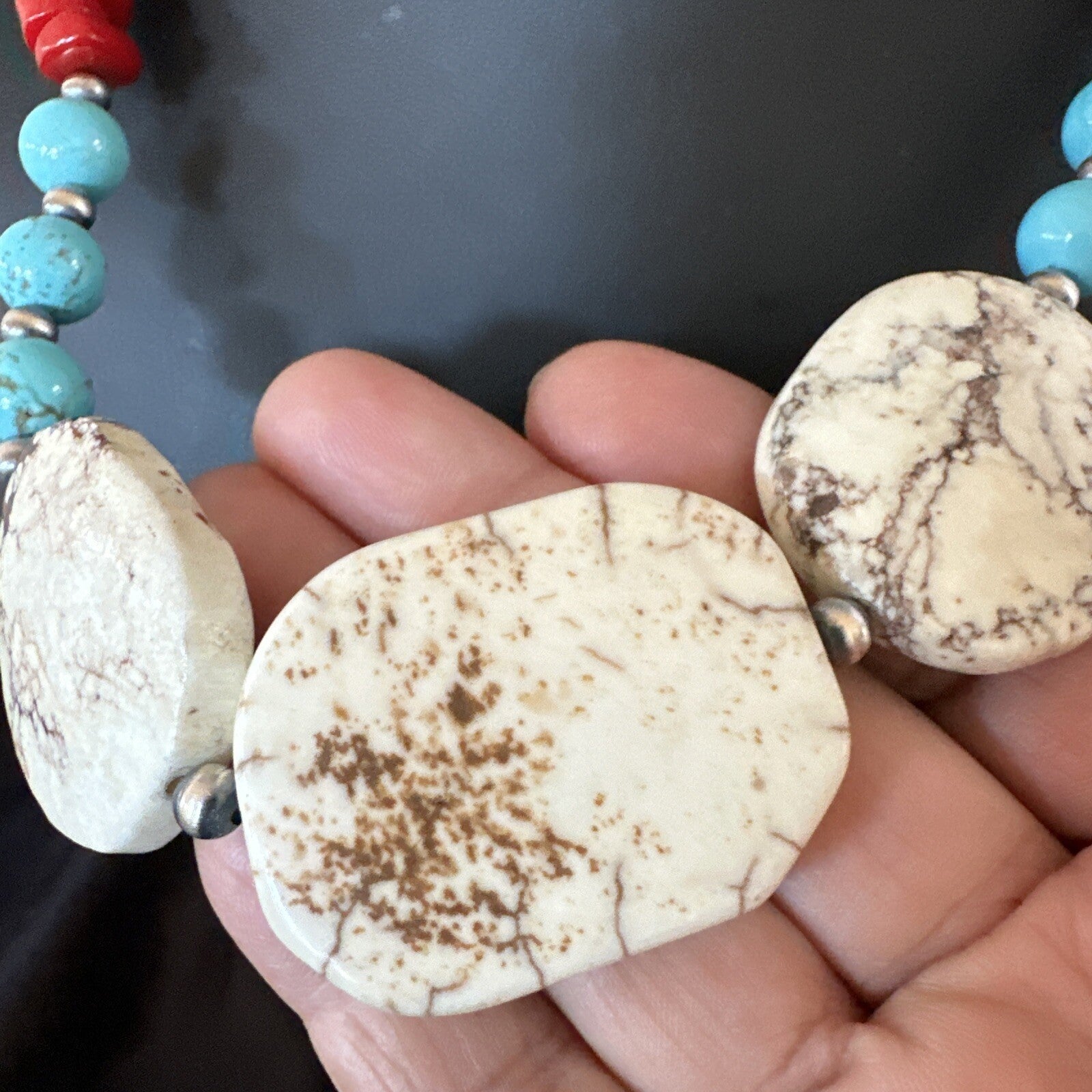Mens Wild Horse Blue Turquoise Red Coral Navajo Sterling Silver Necklace 17981