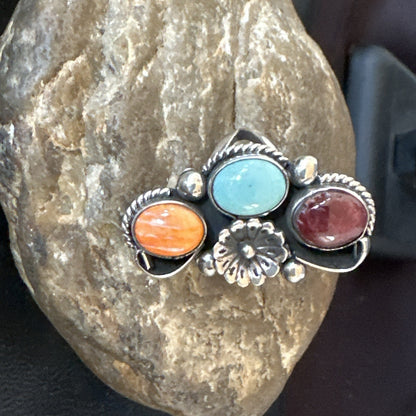 Multicolor Ring Turquoise Spiny Navajo Sterling Silver Cluster Size 8.5 19166
