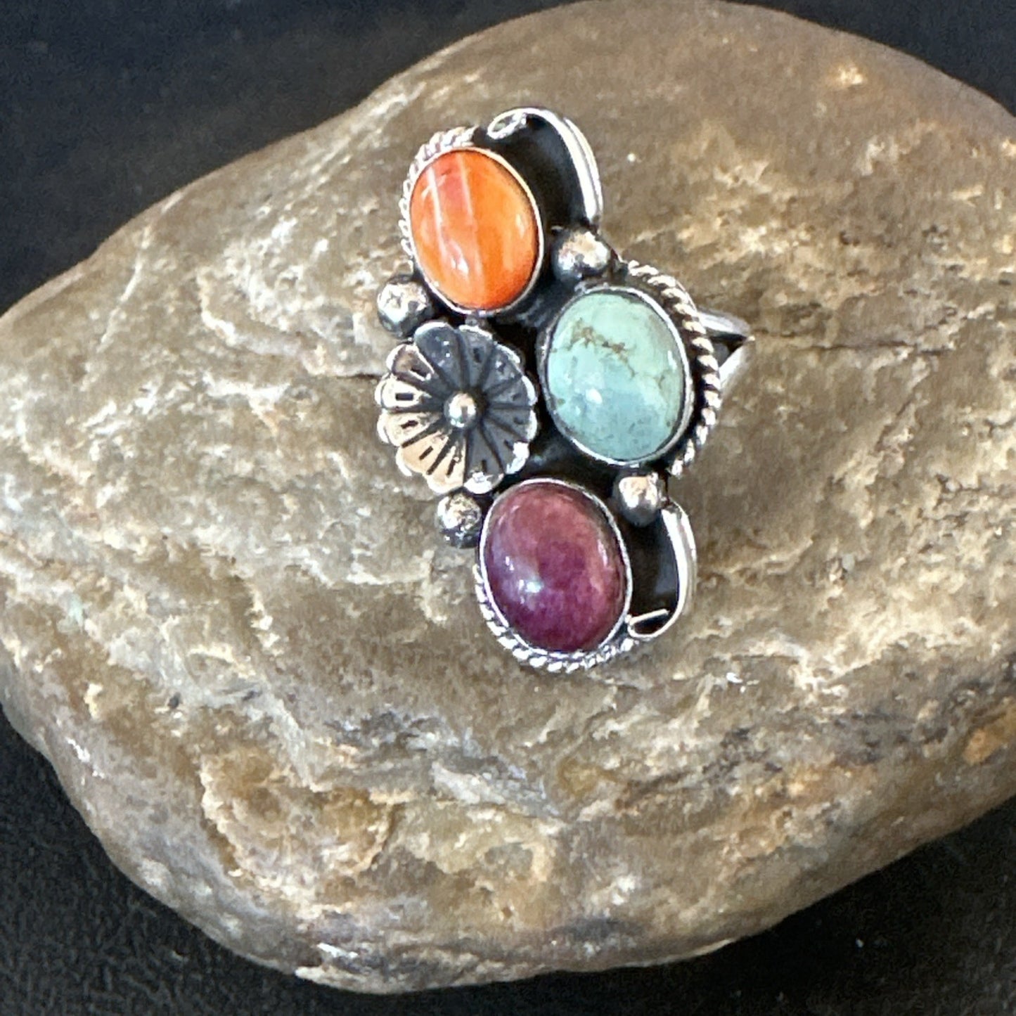 Multicolor Ring Turquoise Spiny Navajo Sterling Silver Cluster Size 6.5 19175