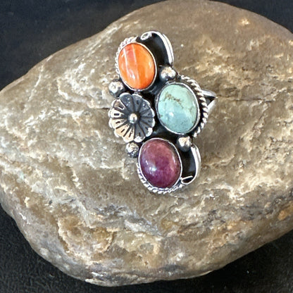 Multicolor Ring Turquoise Spiny Navajo Sterling Silver Cluster Size 6.5 19175