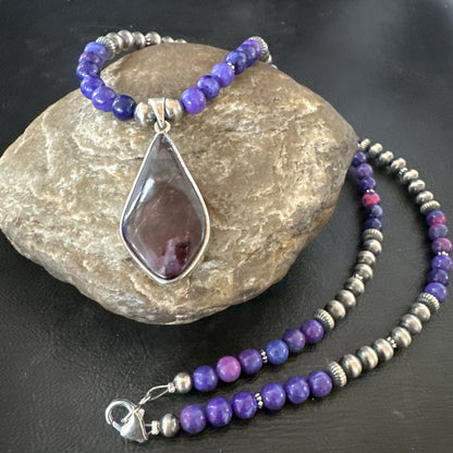 Purple Stone Pendant Navajo Pearls Sterling Silver Necklace 23" 17892