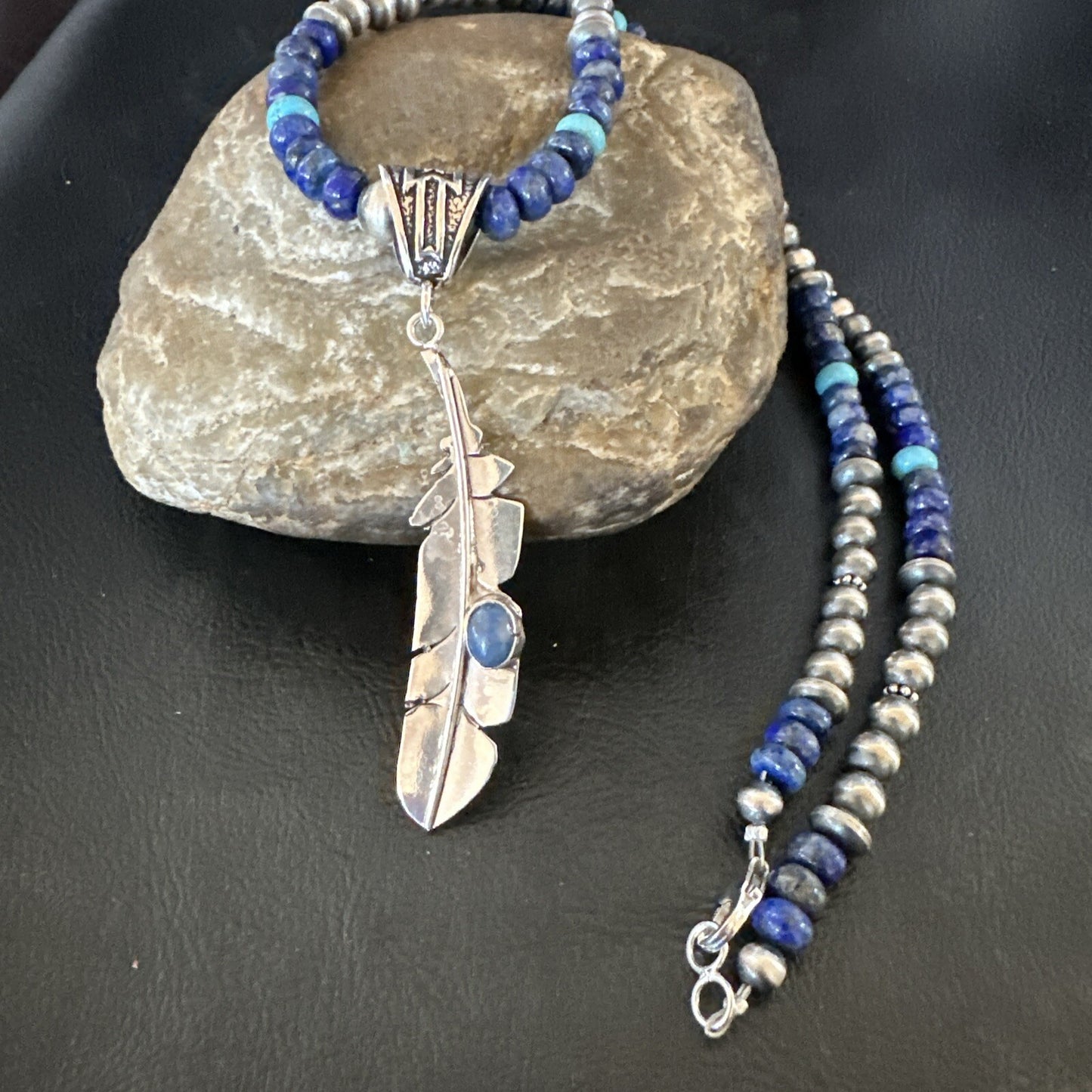 Blue Turquoise Lapis Feather Pendant Navajo Sterling Silver Necklace 21” 17790