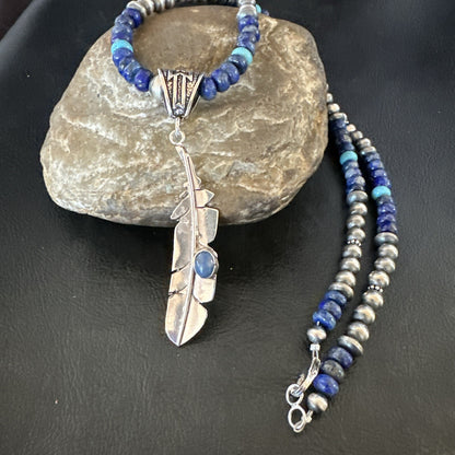 Blue Turquoise Lapis Feather Pendant Navajo Sterling Silver Necklace 21” 17790