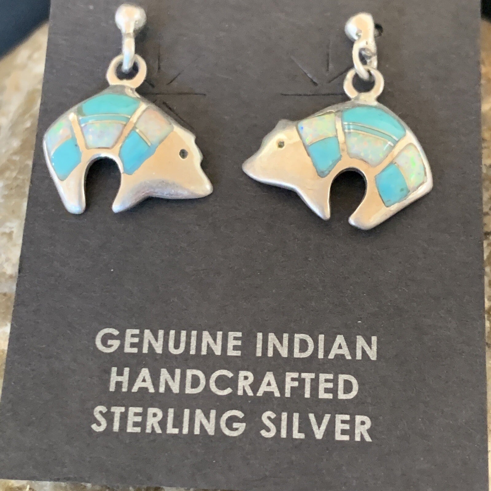 Womens Turquoise White Opal Inlay Navajo Sterling Silver Dangle Earrings 12773