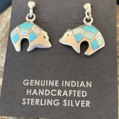 Womens Turquoise White Opal Inlay Navajo Sterling Silver Dangle Earrings 12773
