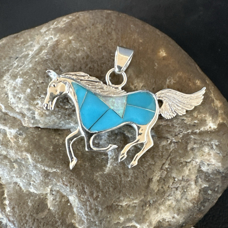 Horse Inlay Southwestern Cowboy Blue Turquoise Sterling Silver Pendant 2” 19160