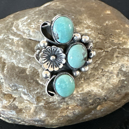 Yazzie Ring Green Turquoise Navajo Sterling Silver Cluster Size7.5 19203
