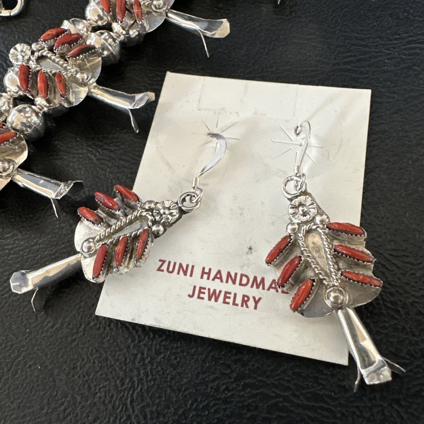 ZUNI Coral Sterling Silver Squash Blossom Needlepoint Necklace Earrings 19277