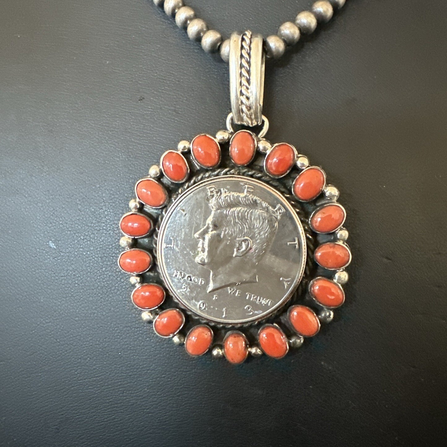 Coin Pendant Red Spiny Oyster Turquoise Navajo Sterling Silver Necklace 17925