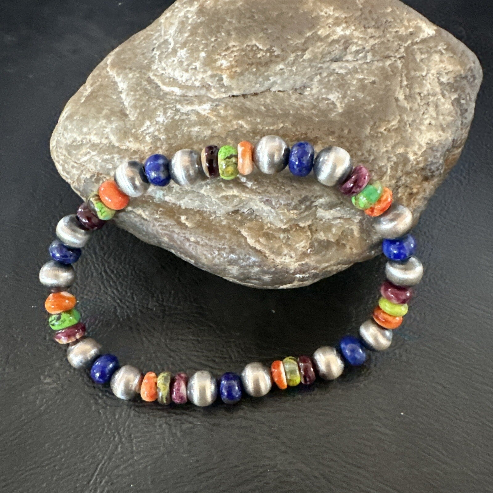 Multicolor Lapis Turquoise Stretch Bead Bracelet Navajo Sterling Silver 17907