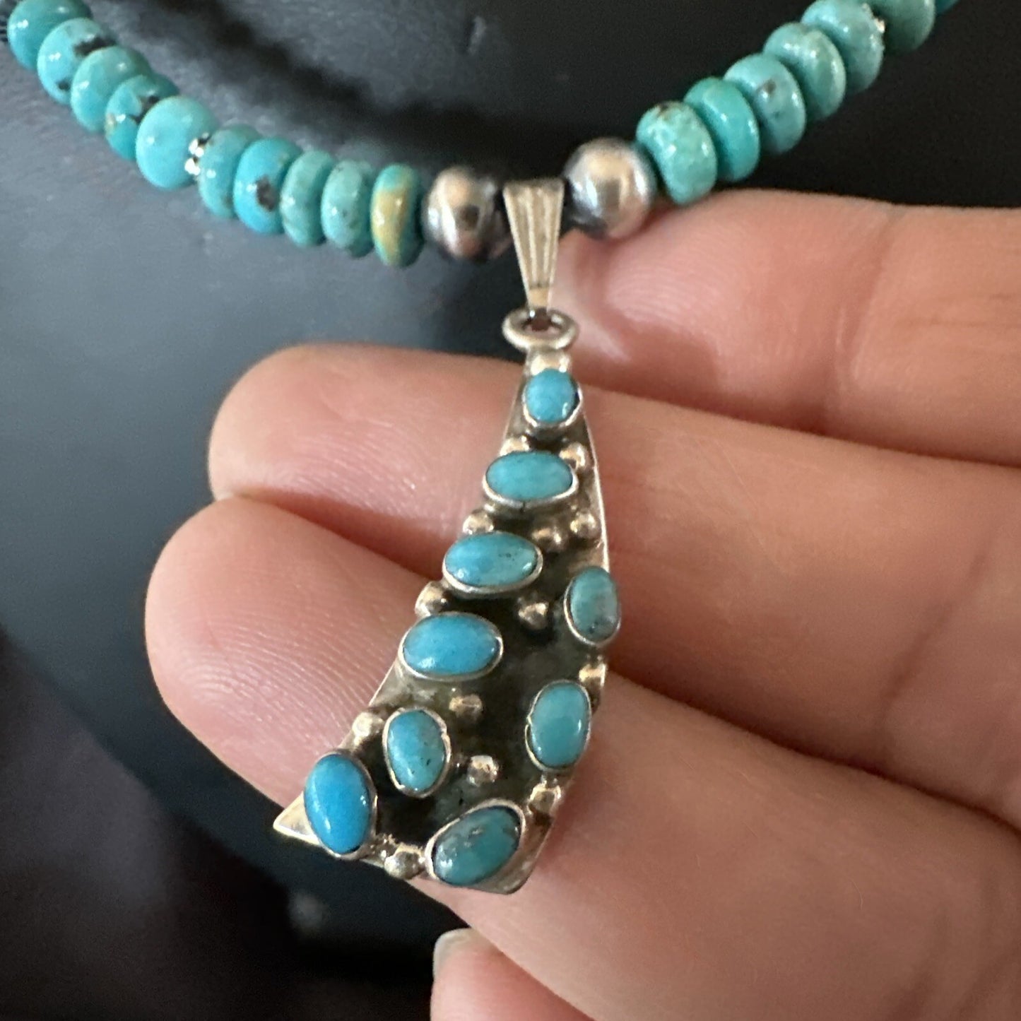 Mens Blue Turquoise Cluster Pendant Navajo Pearls Sterling Silver Necklace 17895