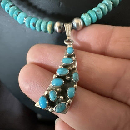Mens Blue Turquoise Cluster Pendant Navajo Pearls Sterling Silver Necklace 17895