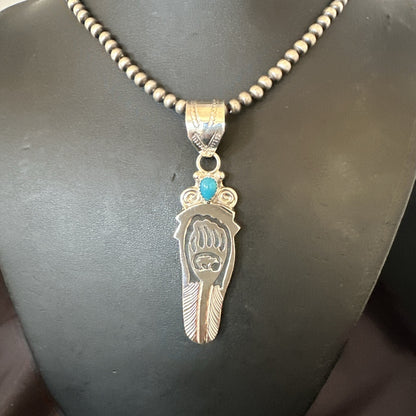Feather BearPaw Navajo Sterling Silver Blue Turquoise Necklace Pendant 17813