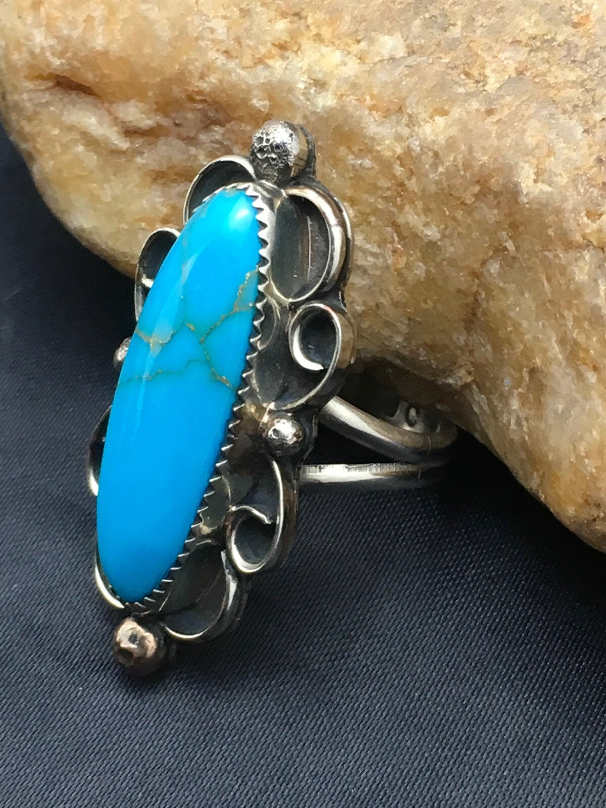 Mens Blue Turquoise Navajo Sterling Silver Ring Size 10.5 04055