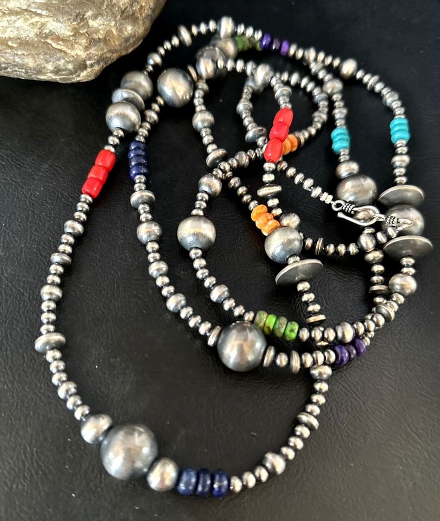Turquoise, Coral Spiny Oyster Navajo Pearls Sterling Silver Bead Necklace 48"