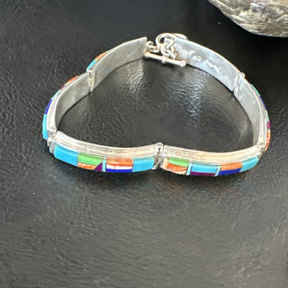 Blue Turquoise Spiny Navajo Old Pawn Sterling Silver Inlay Bracelet 7.5" 18127