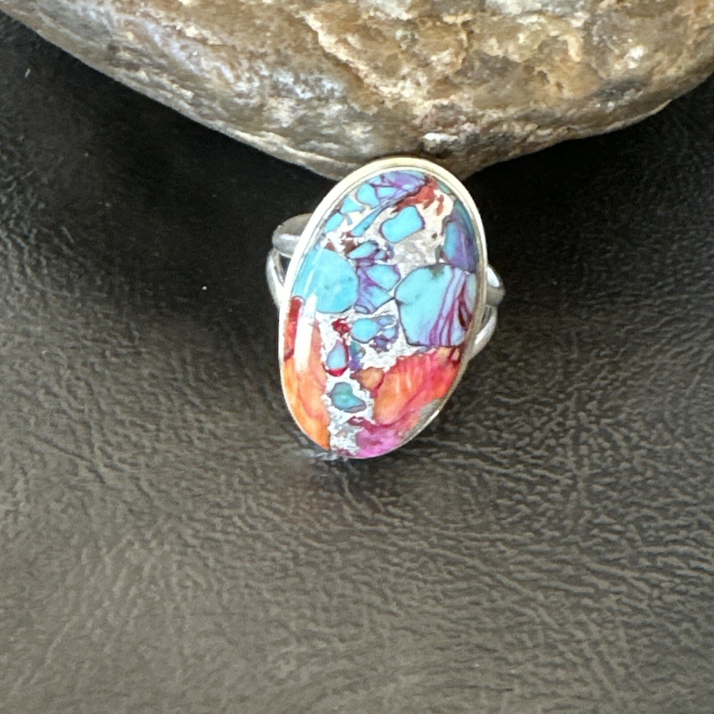 Blue Turquoise Spiny Oyster Southwestern Sterling Silver Ring Size 11 18449