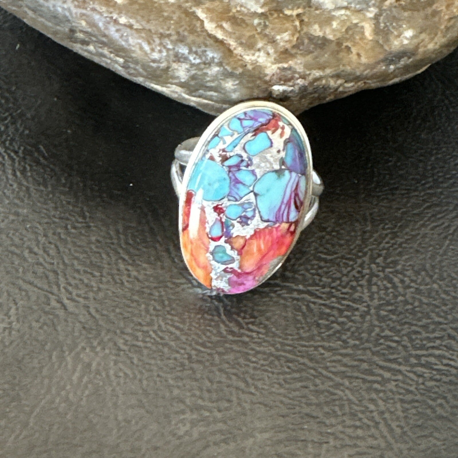 Blue Turquoise Spiny Oyster Southwestern Sterling Silver Ring Size 11 18449