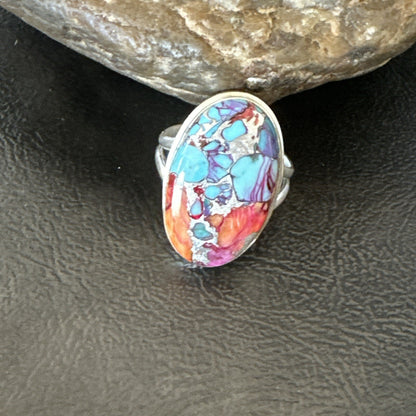 Blue Turquoise Spiny Oyster Southwestern Sterling Silver Ring Size 11 18449