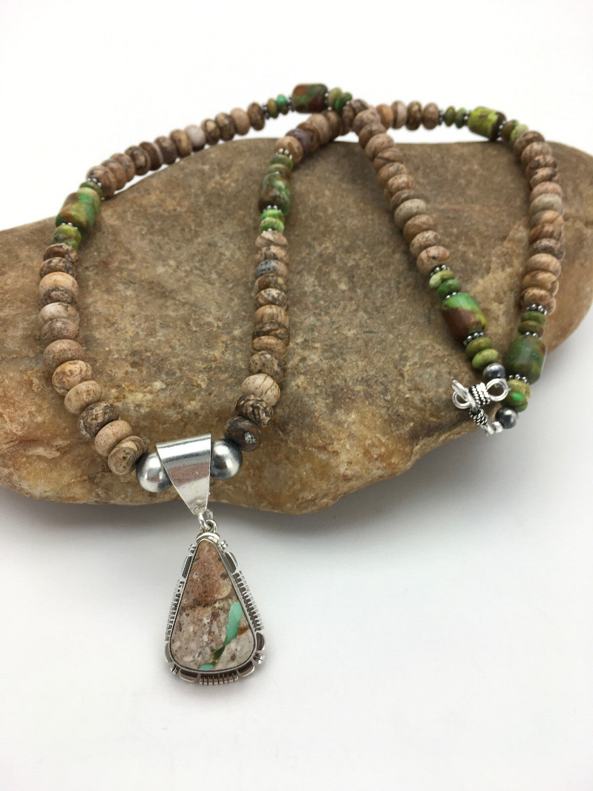 Green Turquoise & Picture Jasper Navajo Sterling Silver Necklace 02611
