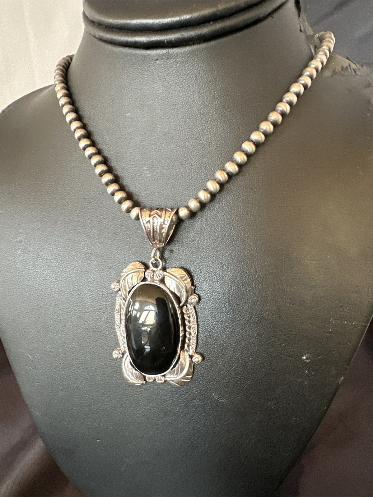 Mens Womens Black Onyx Pendant Navajo Sterling Silver Beads Necklace 18298