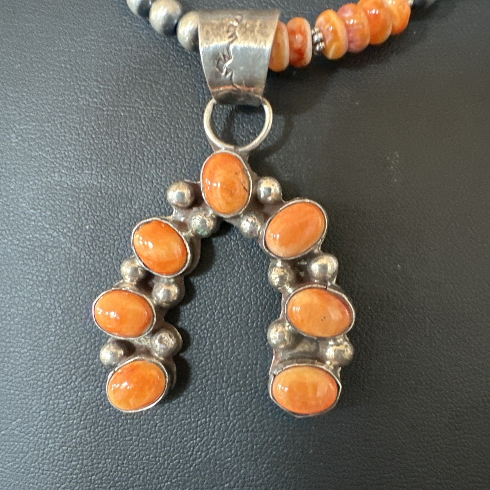 Navajo Pearls Sterling Necklace Orange Spiny Oyster Cluster Naja Pendant 19552
