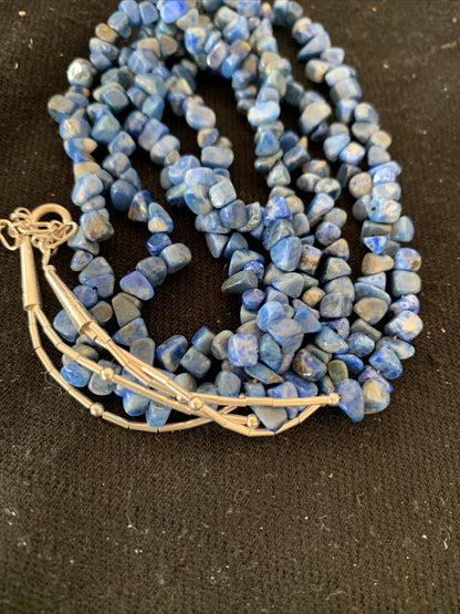 Blue Lapis Bead Liquid Heishi 2 Strands Sterling Silver Tubes Necklace 00851