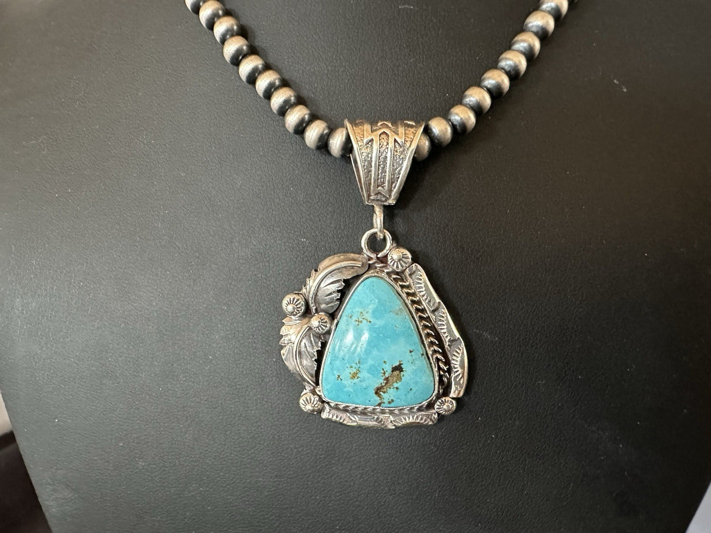 Blue Kingman Turquoise Pendant Navajo Pearls Sterling Silver Necklace 19389