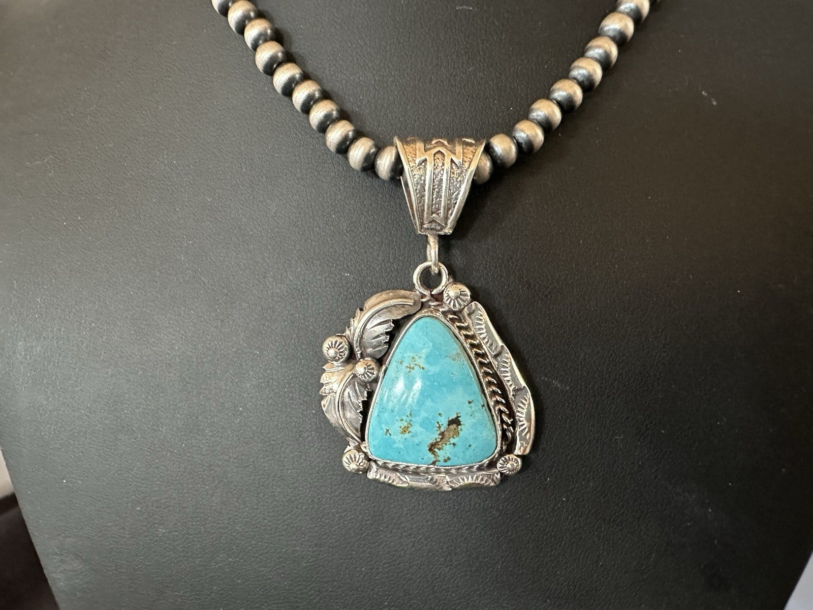 Blue Kingman Turquoise Pendant Navajo Pearls Sterling Silver Necklace 19389