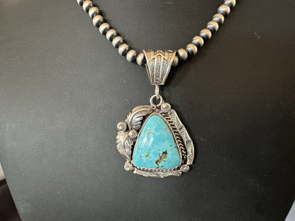 Blue Kingman Turquoise Pendant Navajo Pearls Sterling Silver Necklace 19389