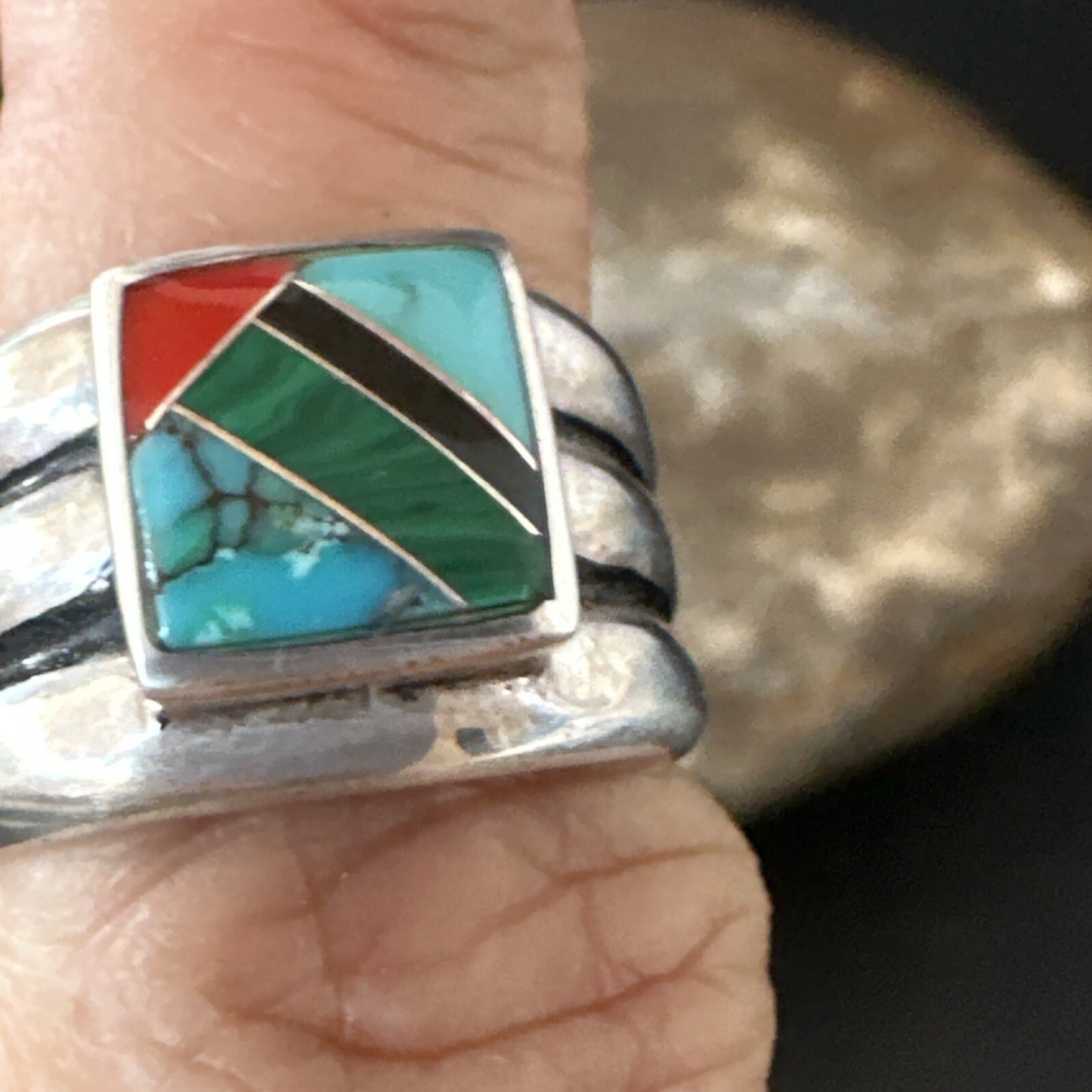 MultiColor Navajo Sterling Turquoise Spiny Oyster Inlay Ring Sz 6.5 18707