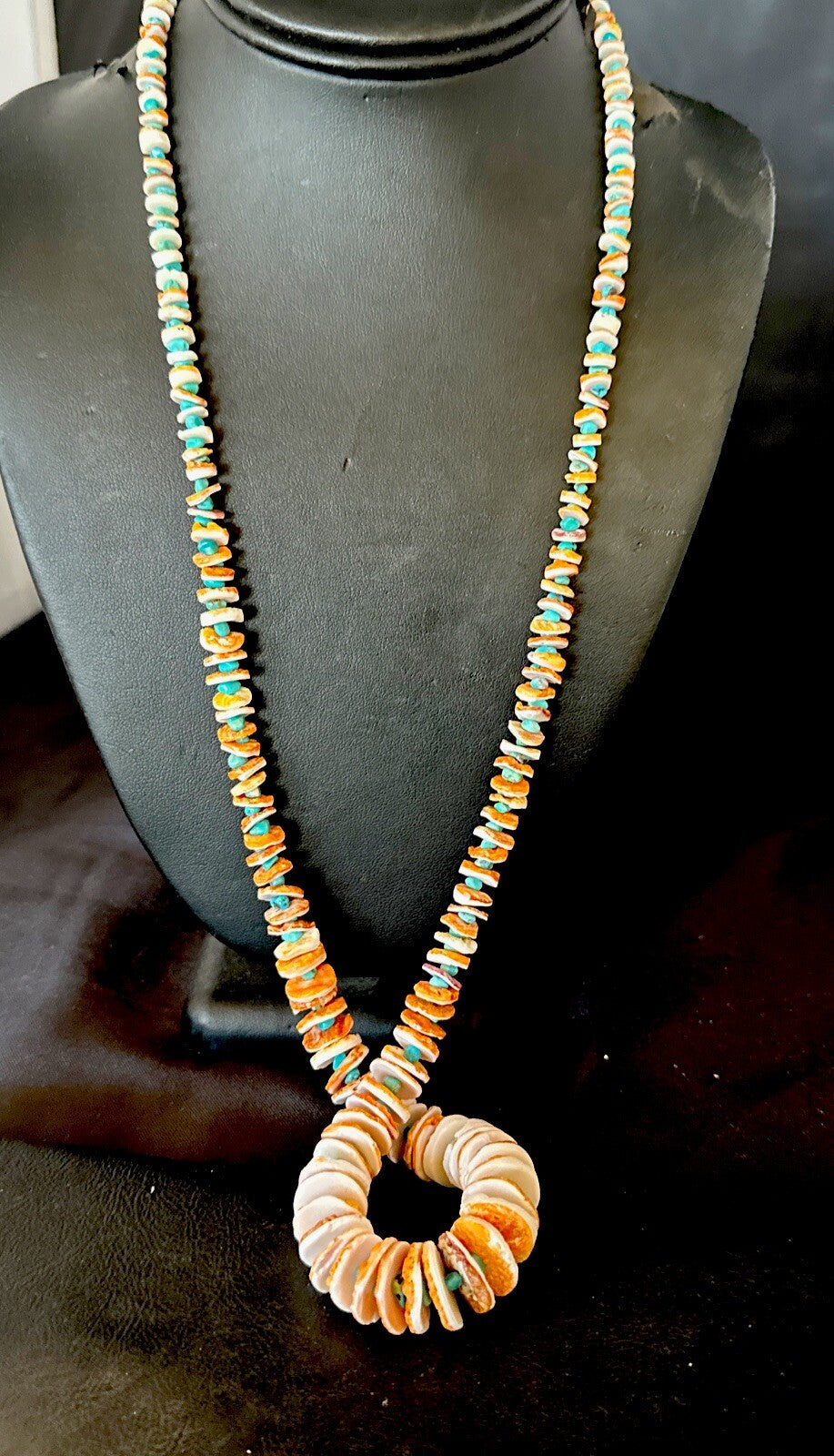 Blue Turquoise Orange Spiny Oyster Santo Domingo Necklace 30” 17754