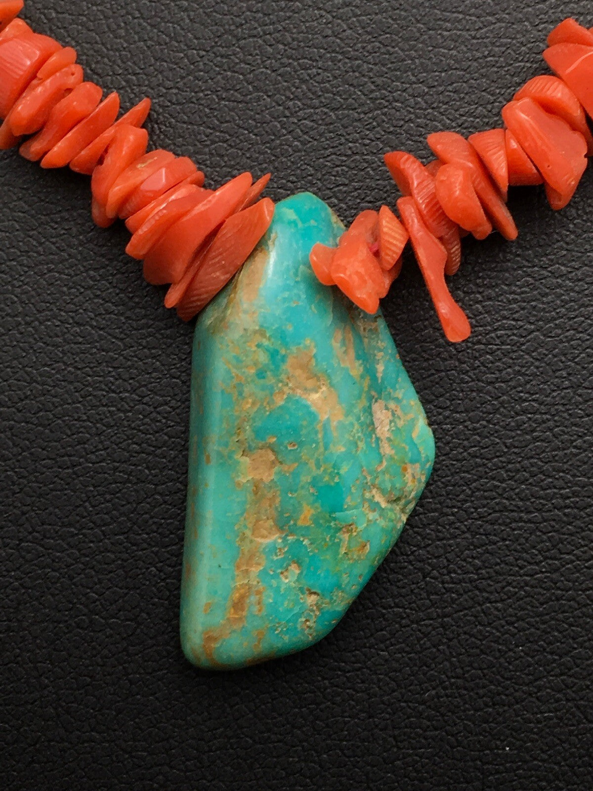 Native American Turquoise Pendant Coral Brass Old Pawn Necklace 19" 04006
