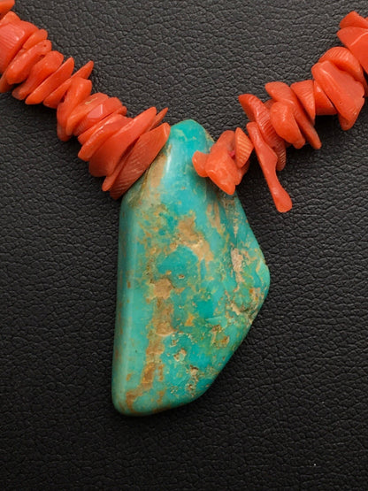 Native American Turquoise Pendant Coral Brass Old Pawn Necklace 19" 04006